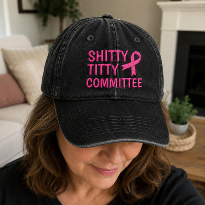 Personalized Pink Ribbon Committee Embroidered Washed Cap, Awareness Gift