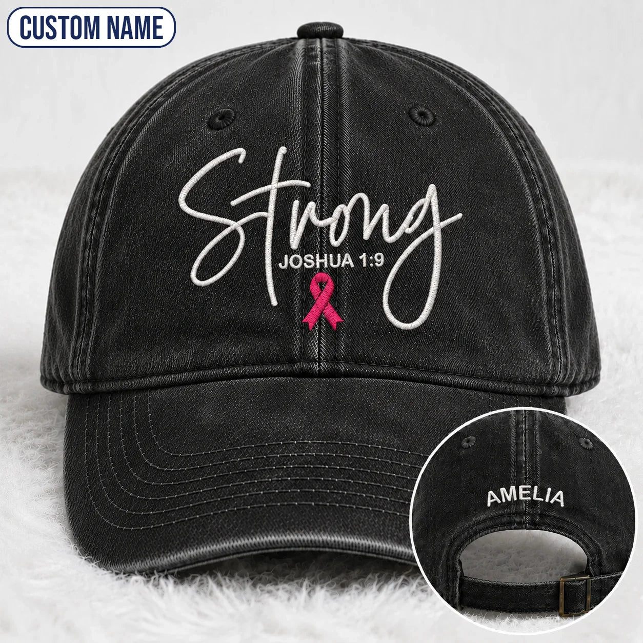 Personalized Strong Joshua 1:9 Pink Ribbon Embroidered Washed Cap, Awareness Gift