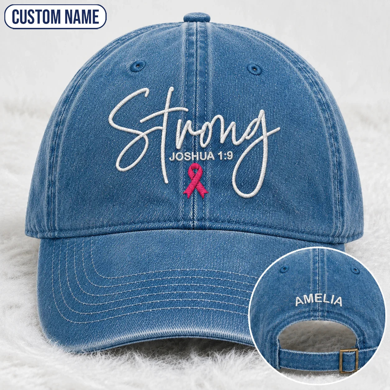 Personalized Strong Joshua 1:9 Pink Ribbon Embroidered Washed Cap, Awareness Gift