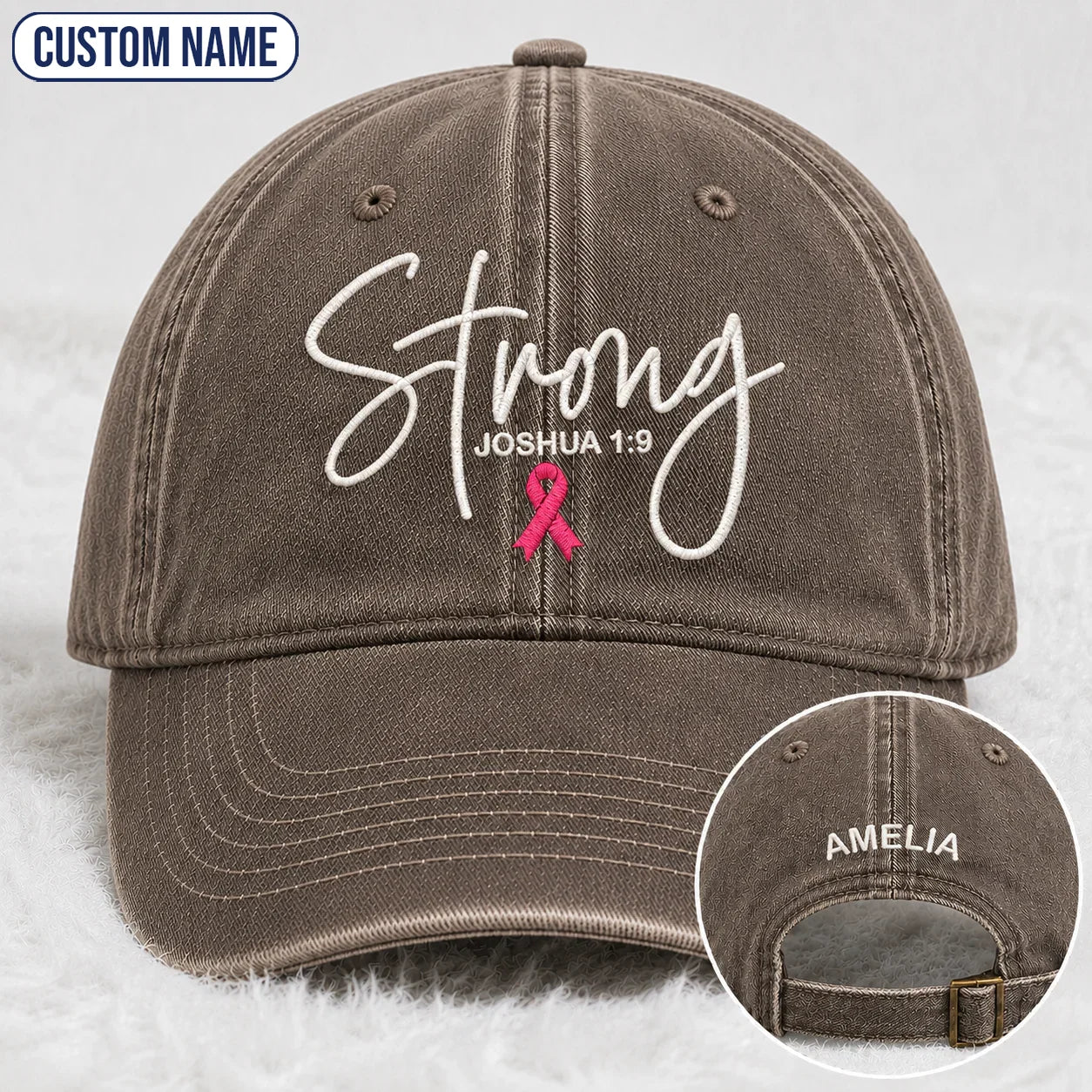 Personalized Strong Joshua 1:9 Pink Ribbon Embroidered Washed Cap, Awareness Gift