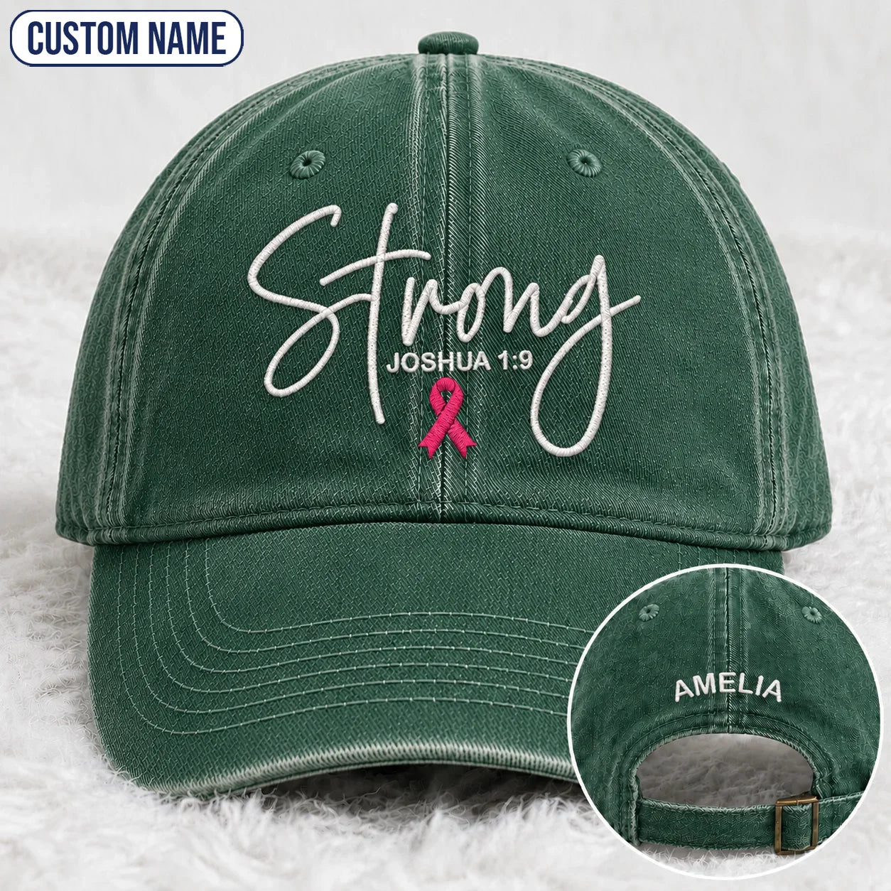Personalized Strong Joshua 1:9 Pink Ribbon Embroidered Washed Cap, Awareness Gift