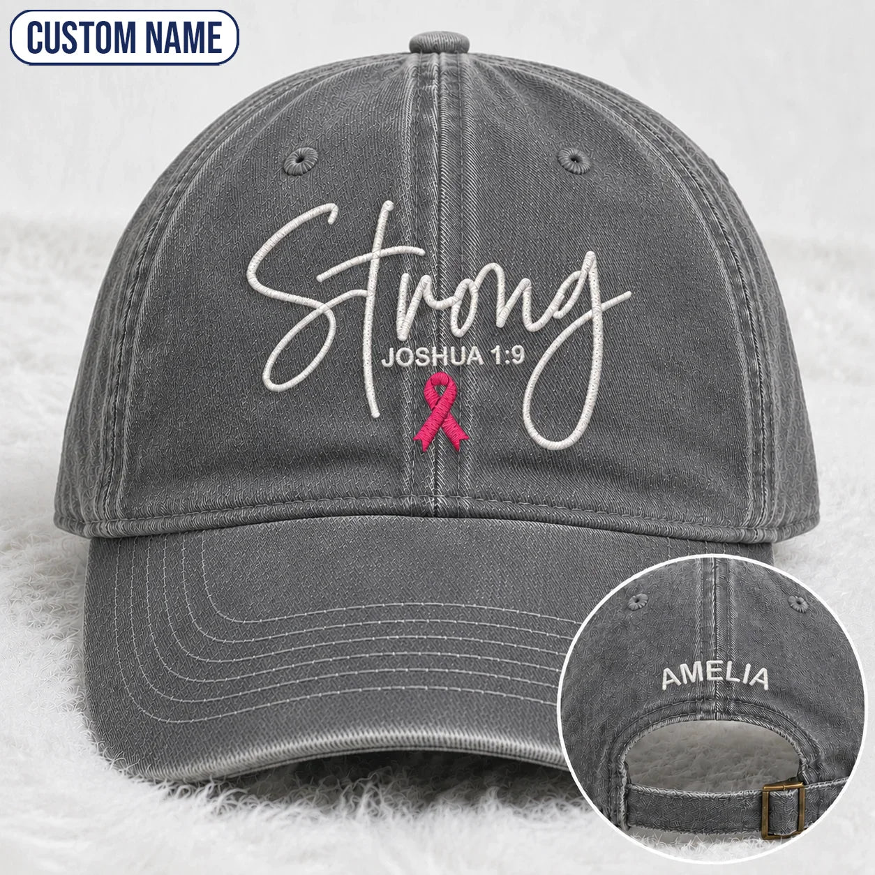 Personalized Strong Joshua 1:9 Pink Ribbon Embroidered Washed Cap, Awareness Gift