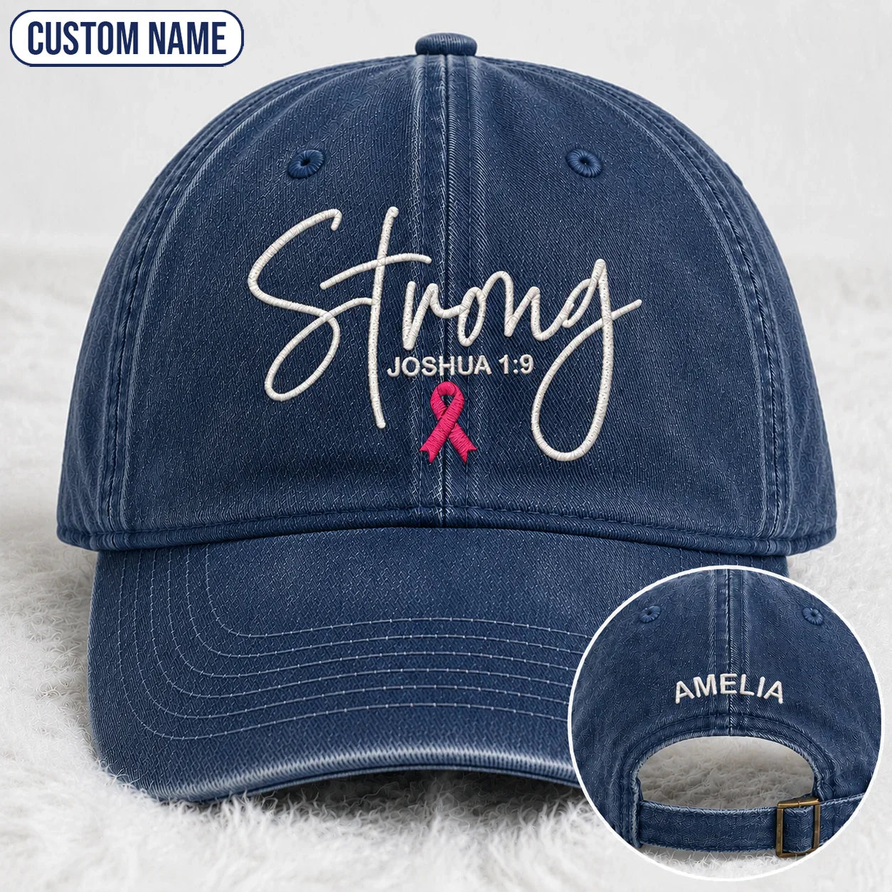 Personalized Strong Joshua 1:9 Pink Ribbon Embroidered Washed Cap, Awareness Gift