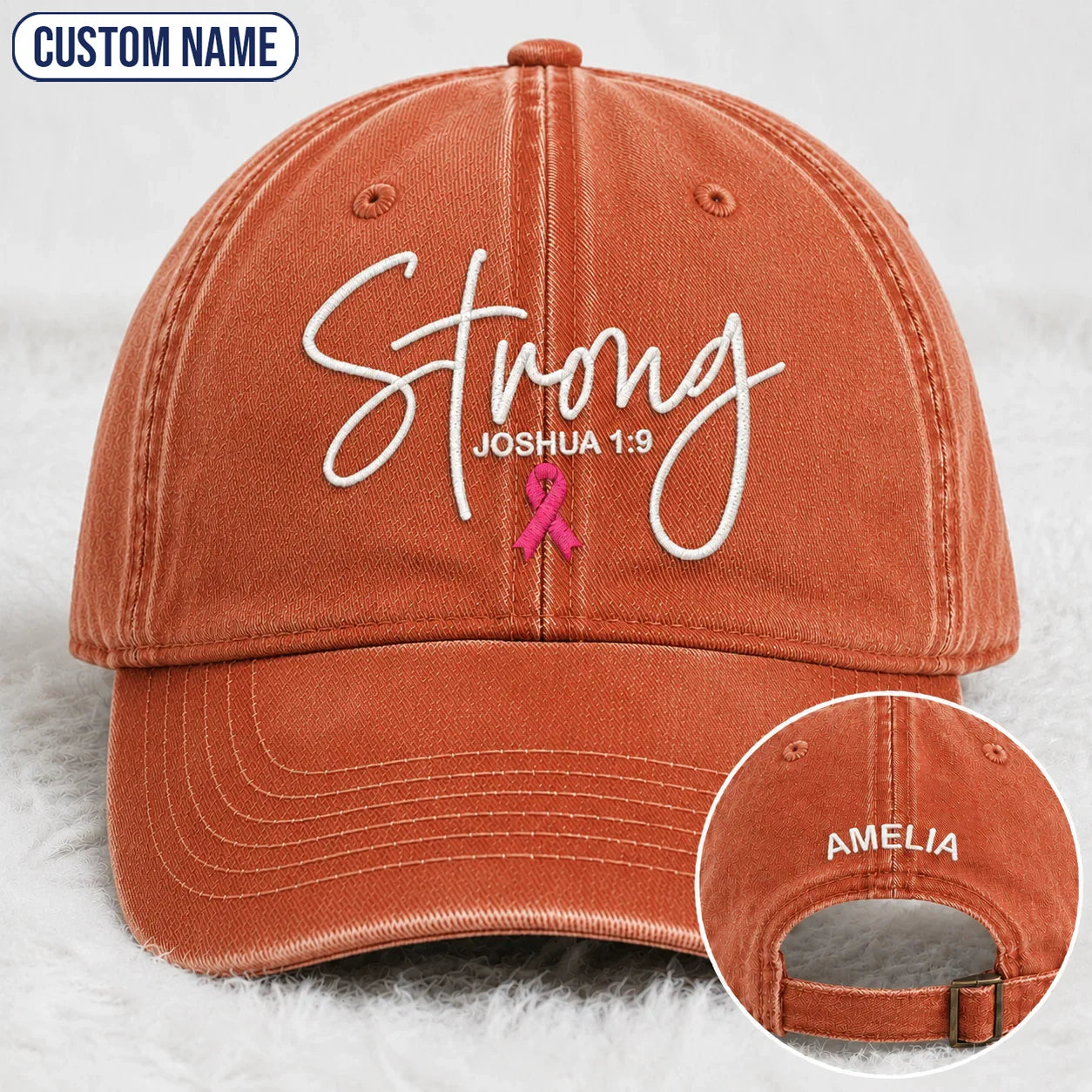 Personalized Strong Joshua 1:9 Pink Ribbon Embroidered Washed Cap, Awareness Gift