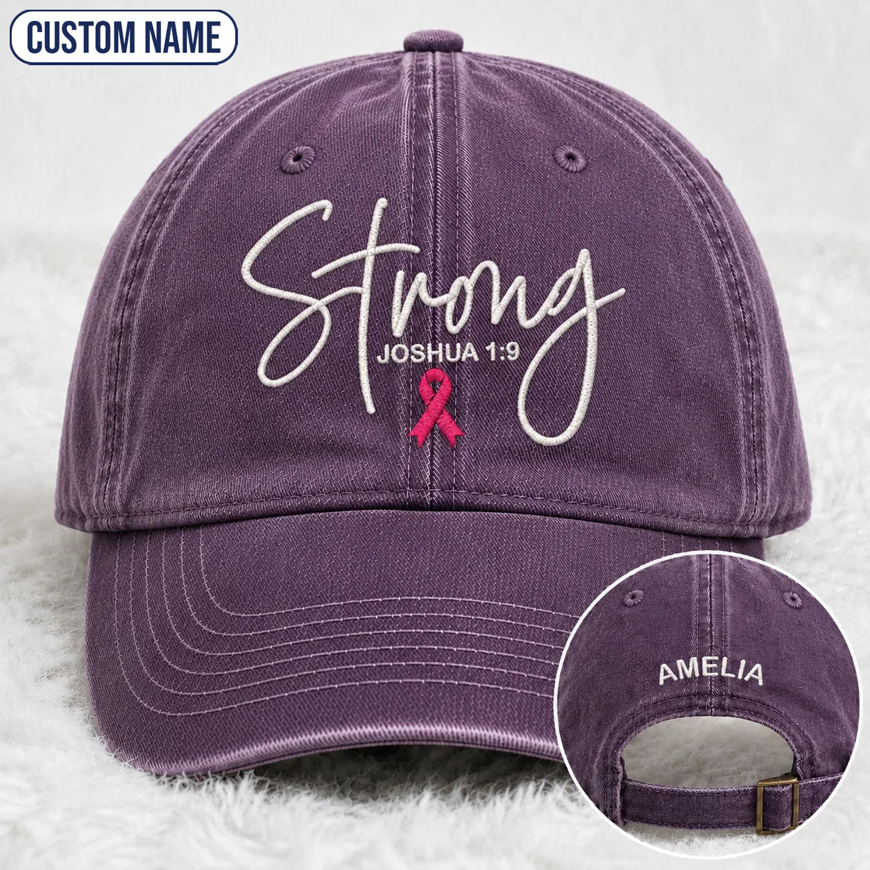 Personalized Strong Joshua 1:9 Pink Ribbon Embroidered Washed Cap, Awareness Gift