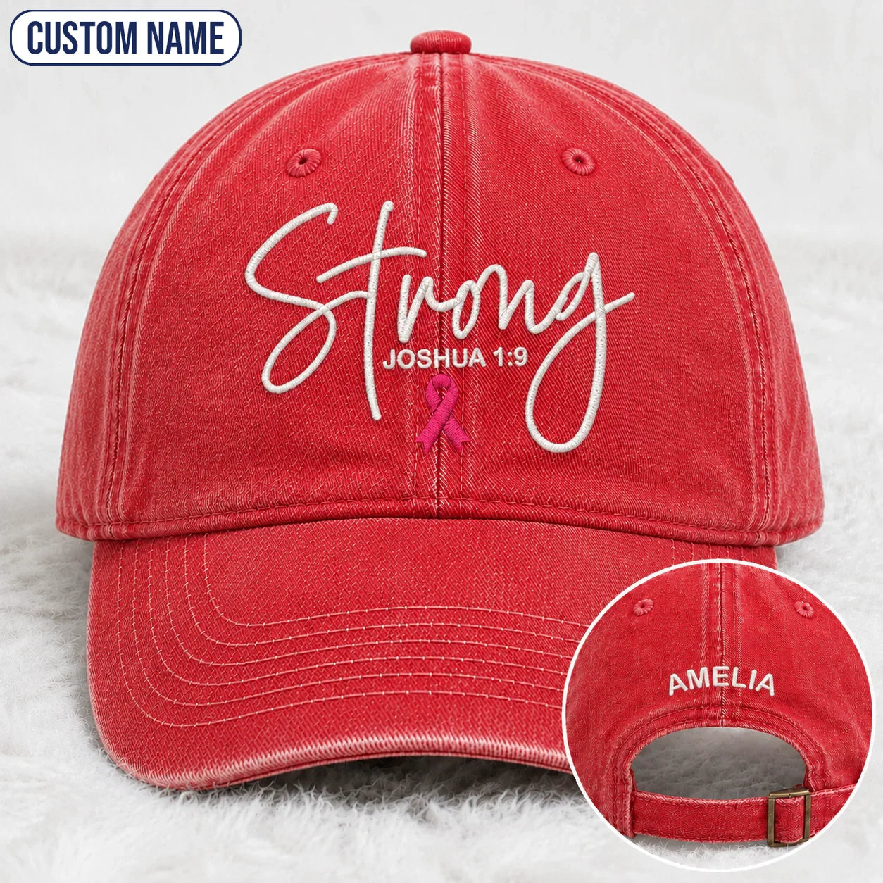Personalized Strong Joshua 1:9 Pink Ribbon Embroidered Washed Cap, Awareness Gift
