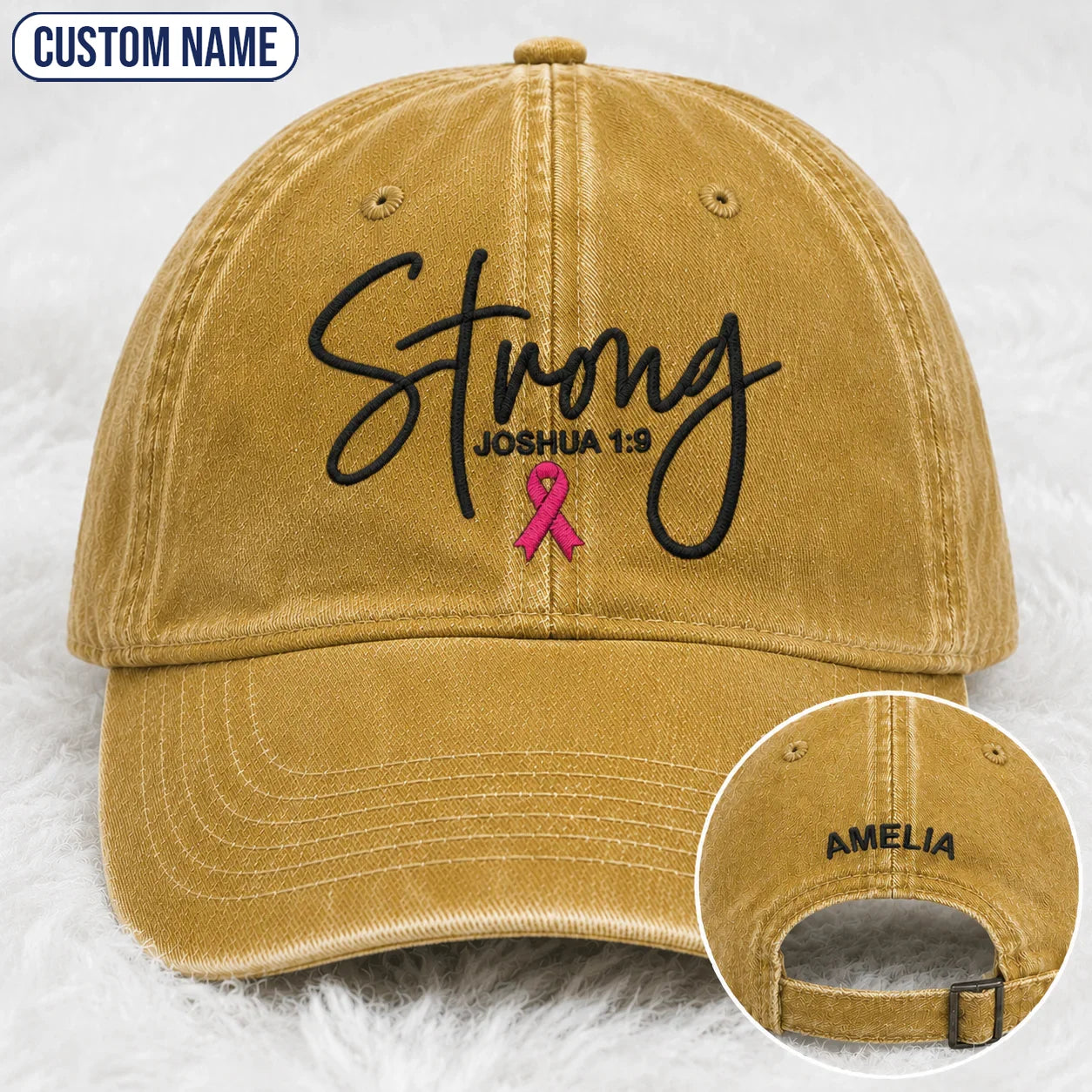 Personalized Strong Joshua 1:9 Pink Ribbon Embroidered Washed Cap, Awareness Gift