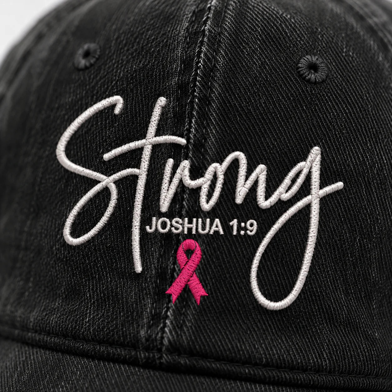 Personalized Strong Joshua 1:9 Pink Ribbon Embroidered Washed Cap, Awareness Gift