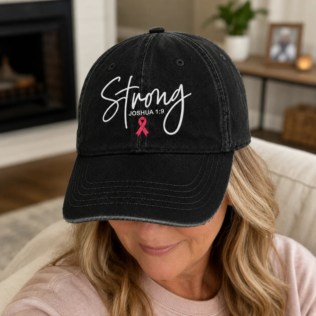 Personalized Strong Joshua 1:9 Pink Ribbon Embroidered Washed Cap, Awareness Gift