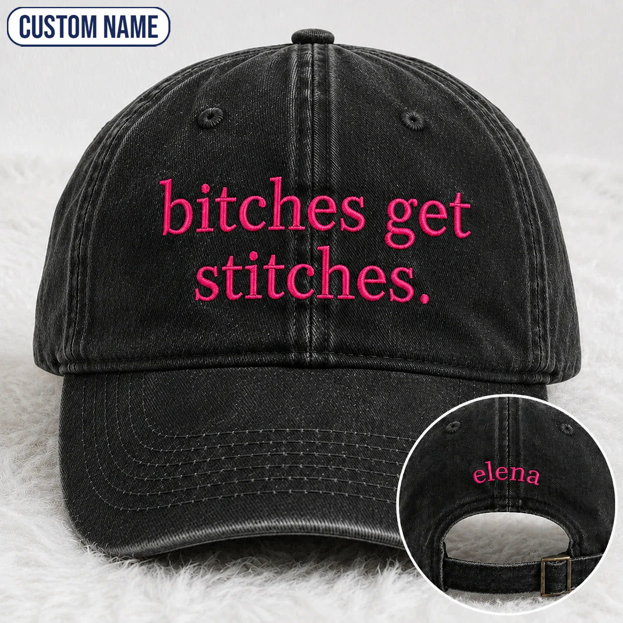 Personalized Bitches Get Stitches Pink Ribbon Embroidered Washed Cap, Awareness Gift