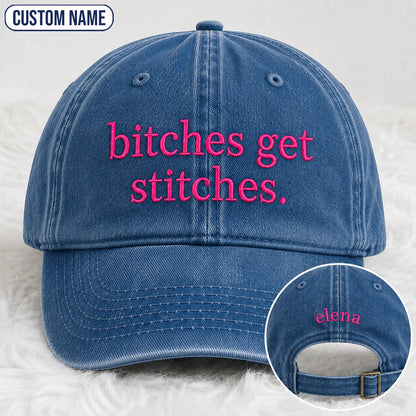 Personalized Bitches Get Stitches Pink Ribbon Embroidered Washed Cap, Awareness Gift