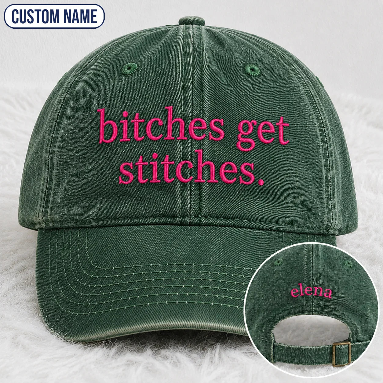 Personalized Bitches Get Stitches Pink Ribbon Embroidered Washed Cap, Awareness Gift