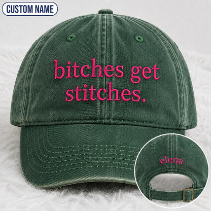 Personalized Bitches Get Stitches Pink Ribbon Embroidered Washed Cap, Awareness Gift