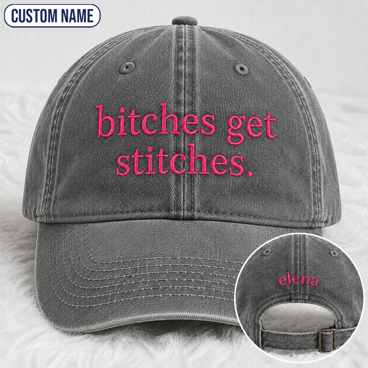 Personalized Bitches Get Stitches Pink Ribbon Embroidered Washed Cap, Awareness Gift