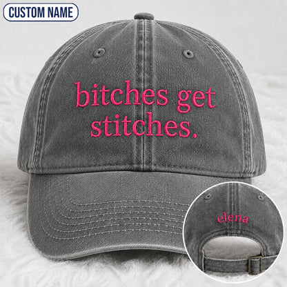 Personalized Bitches Get Stitches Pink Ribbon Embroidered Washed Cap, Awareness Gift