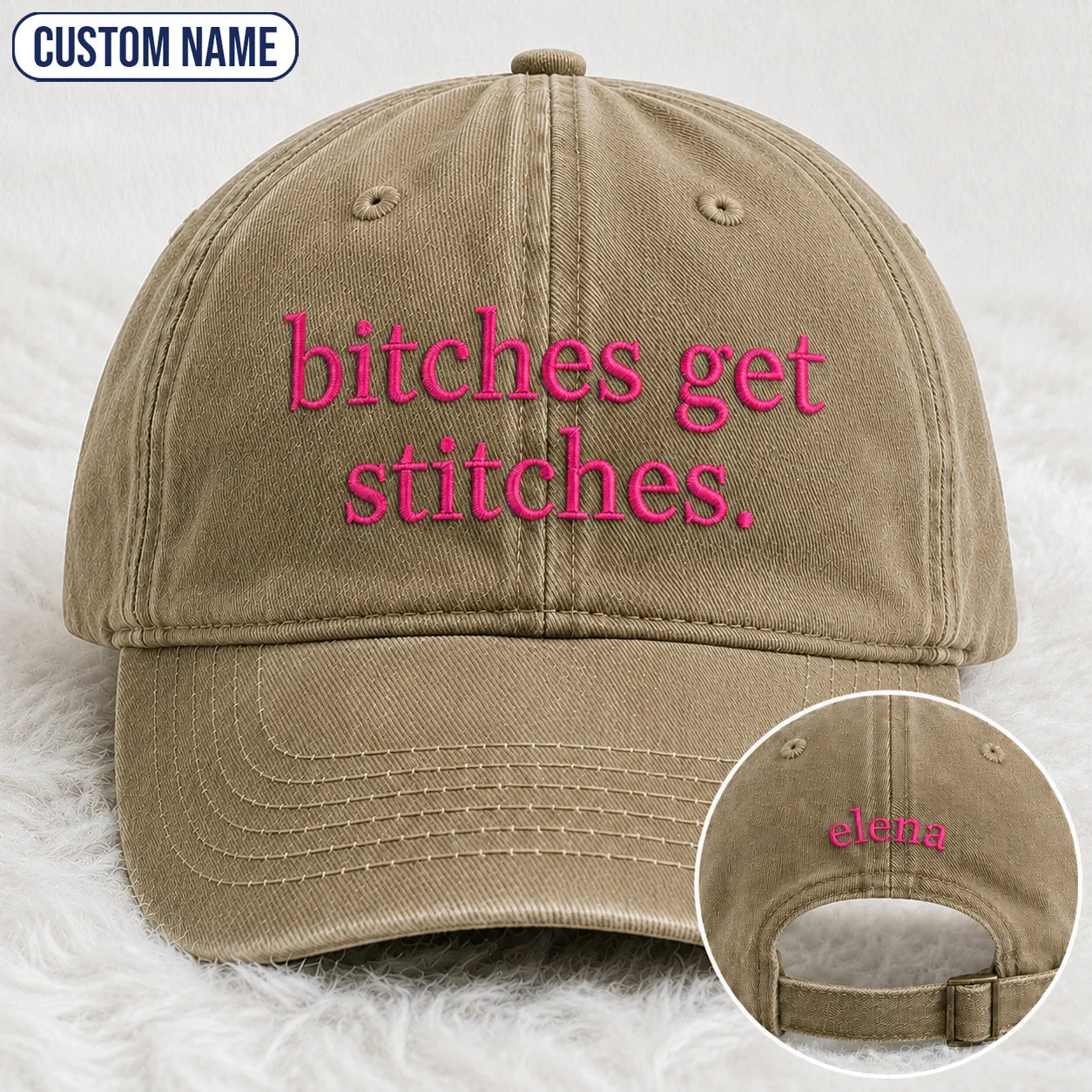 Personalized Bitches Get Stitches Pink Ribbon Embroidered Washed Cap, Awareness Gift