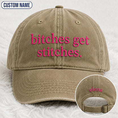 Personalized Bitches Get Stitches Pink Ribbon Embroidered Washed Cap, Awareness Gift