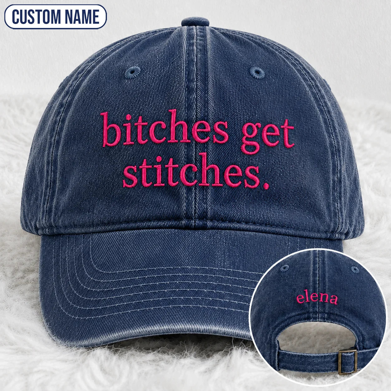 Personalized Bitches Get Stitches Pink Ribbon Embroidered Washed Cap, Awareness Gift