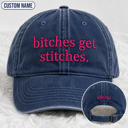 Personalized Bitches Get Stitches Pink Ribbon Embroidered Washed Cap, Awareness Gift