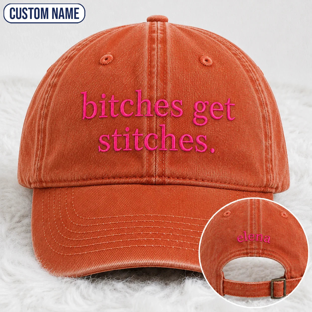 Personalized Bitches Get Stitches Pink Ribbon Embroidered Washed Cap, Awareness Gift