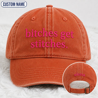 Personalized Bitches Get Stitches Pink Ribbon Embroidered Washed Cap, Awareness Gift