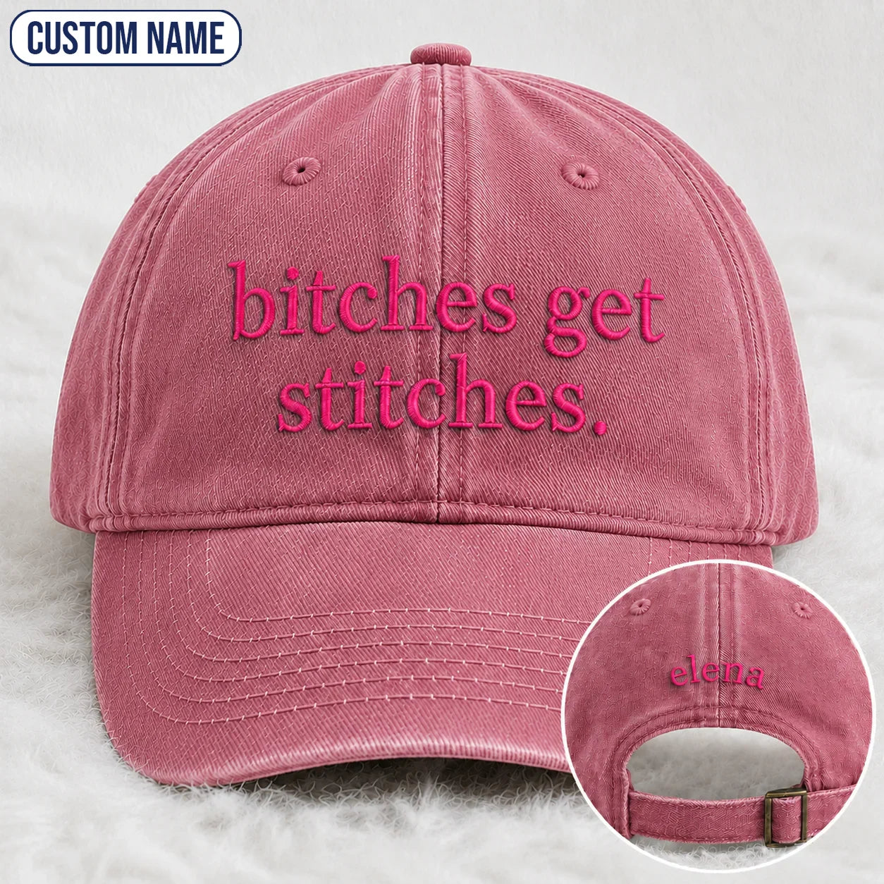 Personalized Bitches Get Stitches Pink Ribbon Embroidered Washed Cap, Awareness Gift