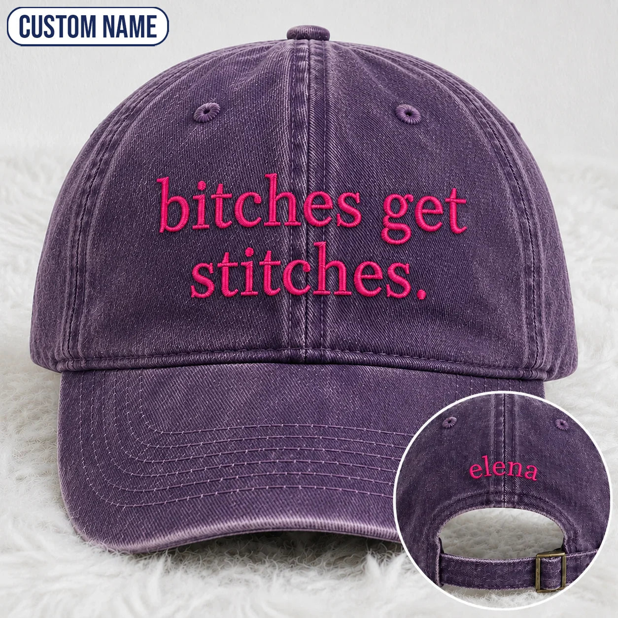 Personalized Bitches Get Stitches Pink Ribbon Embroidered Washed Cap, Awareness Gift