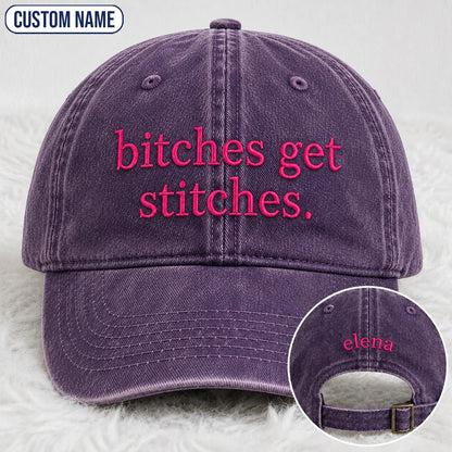Personalized Bitches Get Stitches Pink Ribbon Embroidered Washed Cap, Awareness Gift