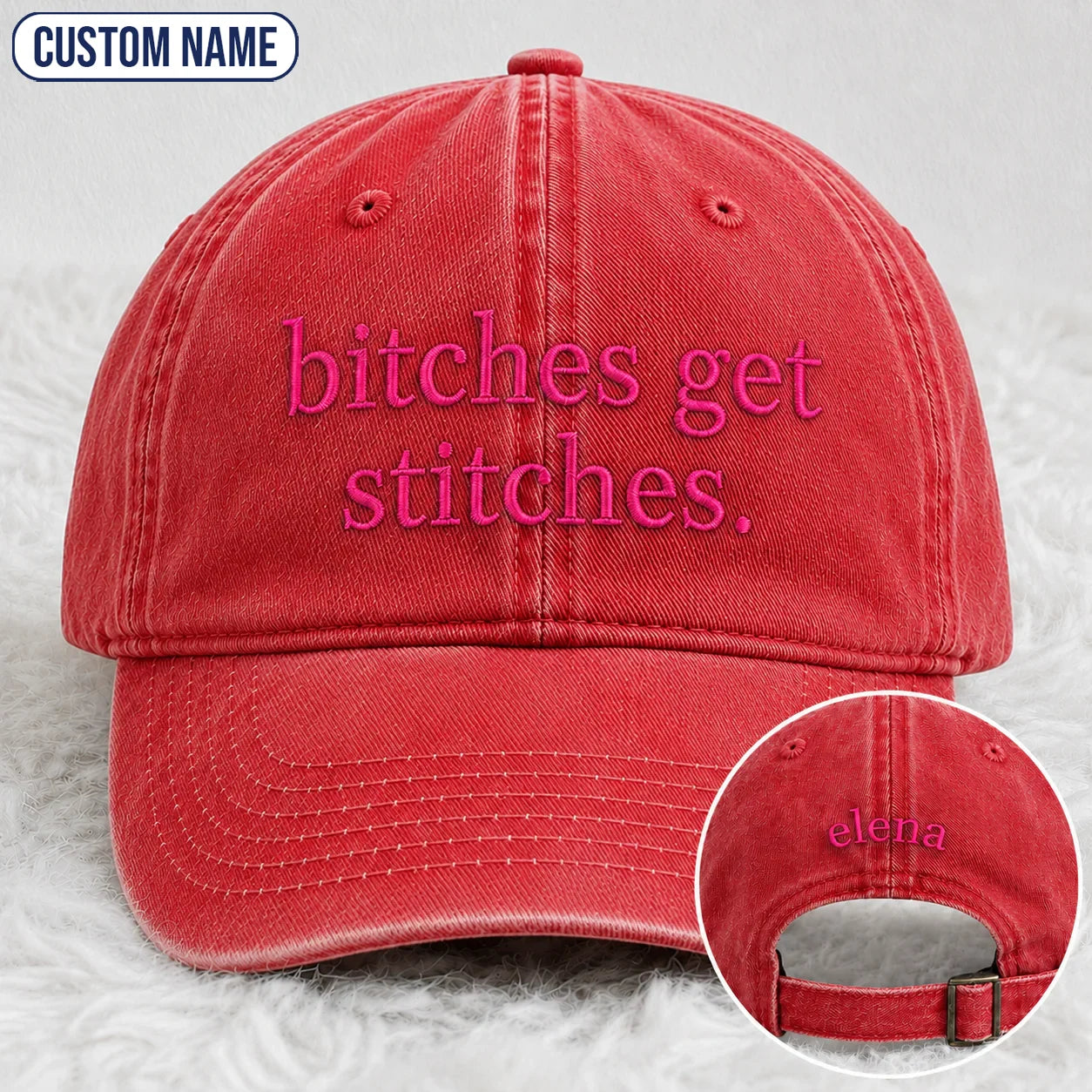 Personalized Bitches Get Stitches Pink Ribbon Embroidered Washed Cap, Awareness Gift