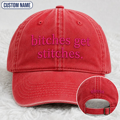 Personalized Bitches Get Stitches Pink Ribbon Embroidered Washed Cap, Awareness Gift