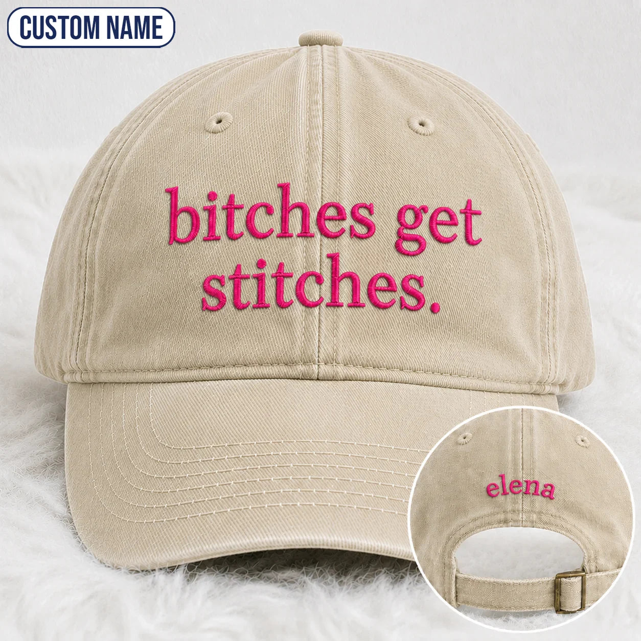 Personalized Bitches Get Stitches Pink Ribbon Embroidered Washed Cap, Awareness Gift