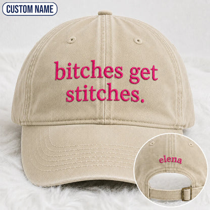 Personalized Bitches Get Stitches Pink Ribbon Embroidered Washed Cap, Awareness Gift