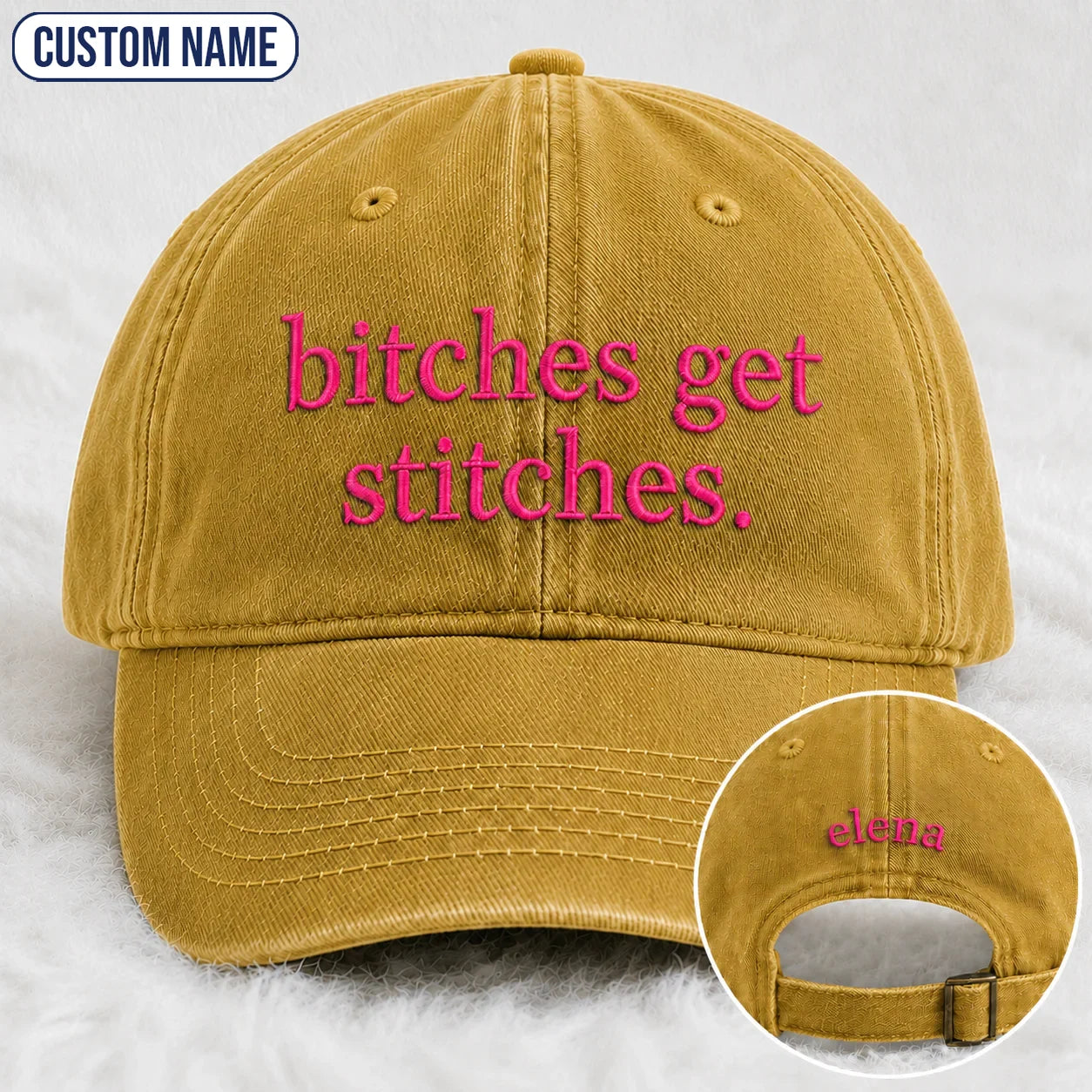 Personalized Bitches Get Stitches Pink Ribbon Embroidered Washed Cap, Awareness Gift