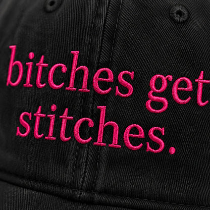Personalized Bitches Get Stitches Pink Ribbon Embroidered Washed Cap, Awareness Gift
