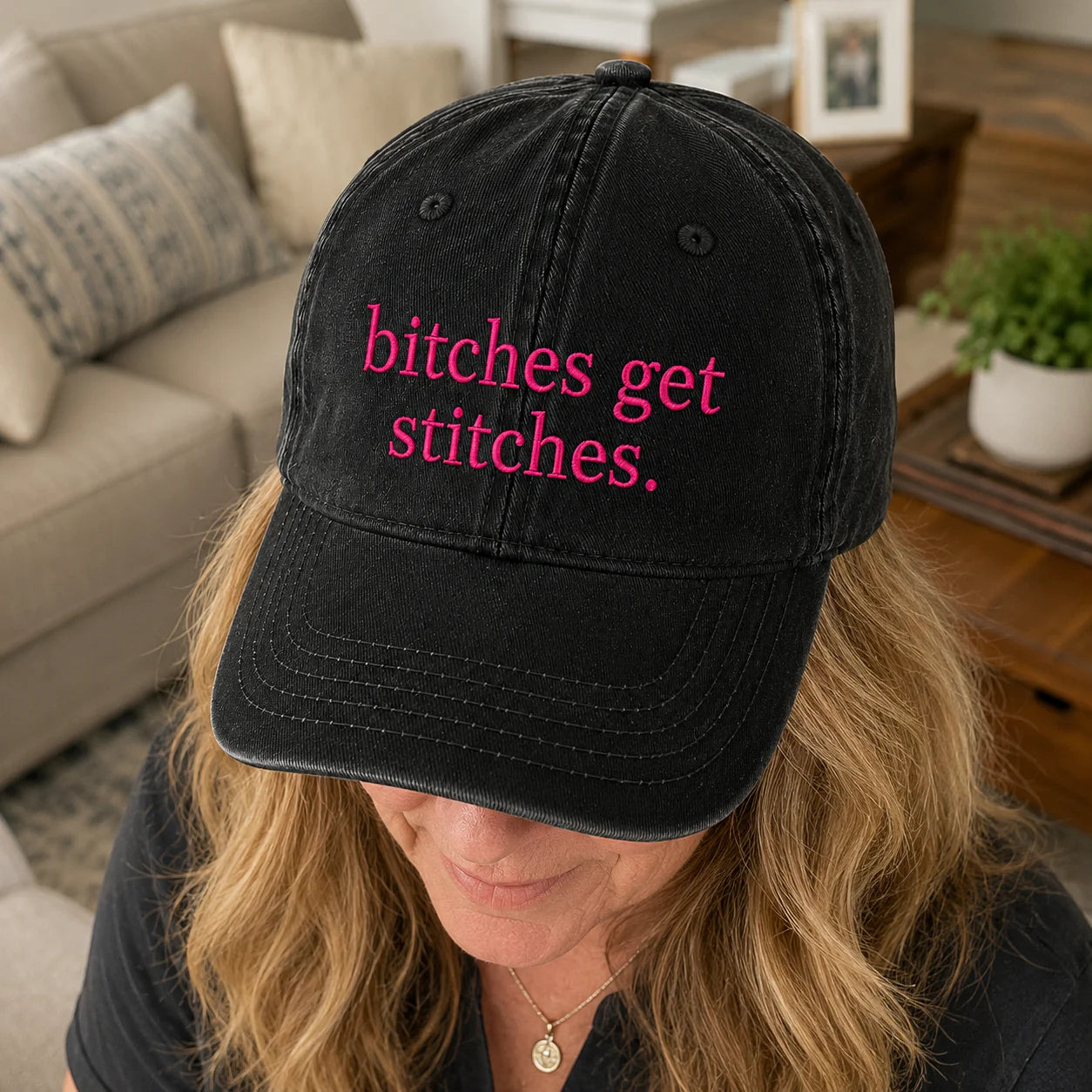 Personalized Bitches Get Stitches Pink Ribbon Embroidered Washed Cap, Awareness Gift