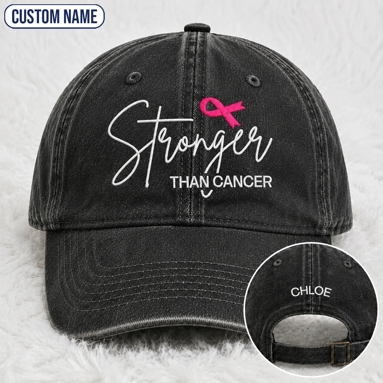 Personalized Stronger Pink Ribbon Embroidered Washed Cap, Awareness Gift