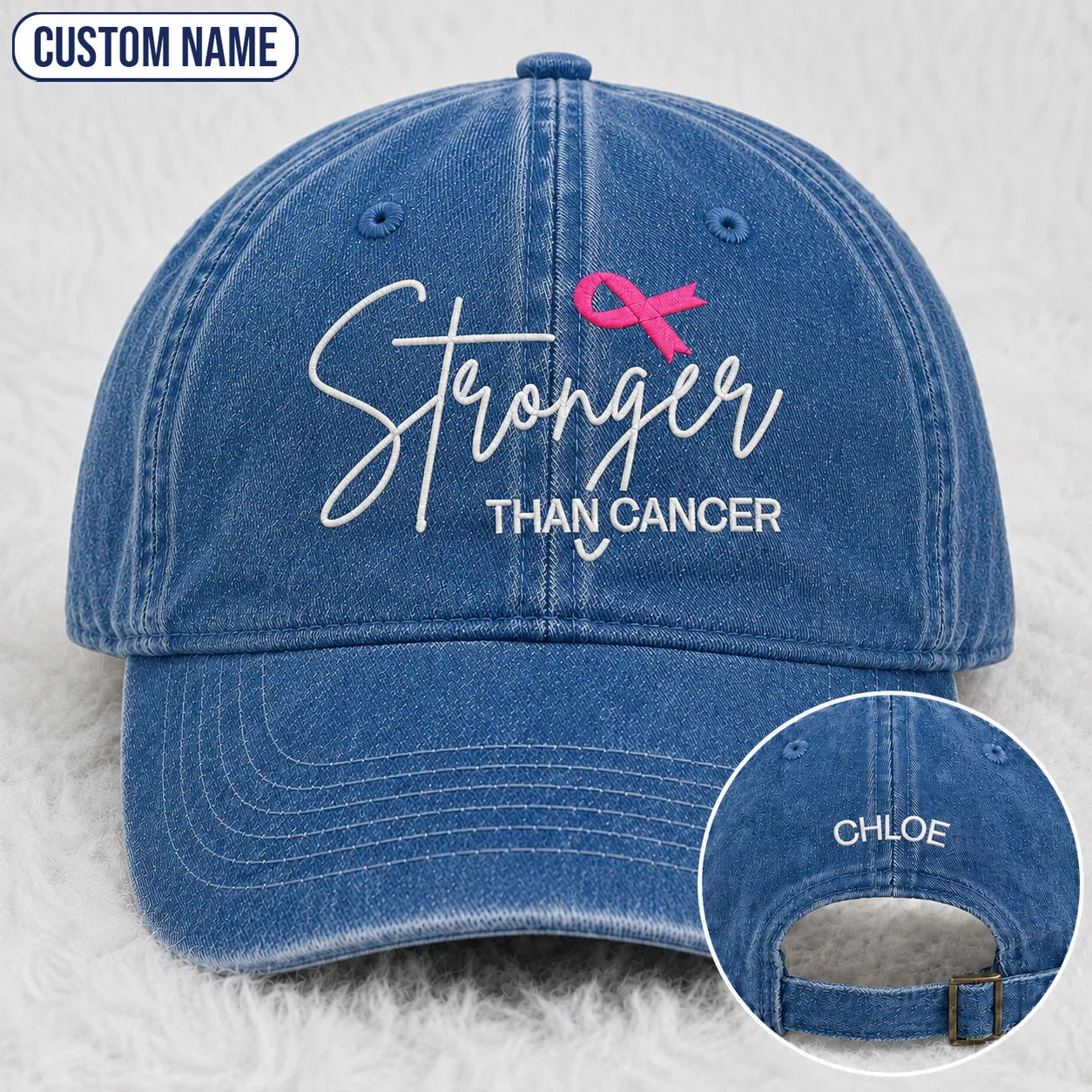Personalized Stronger Pink Ribbon Embroidered Washed Cap, Awareness Gift