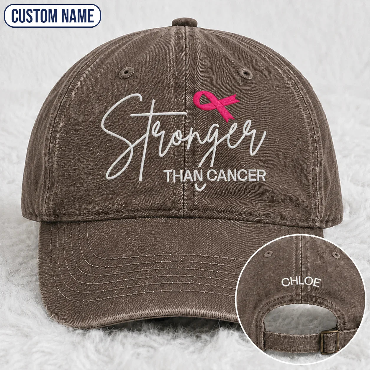 Personalized Stronger Pink Ribbon Embroidered Washed Cap, Awareness Gift