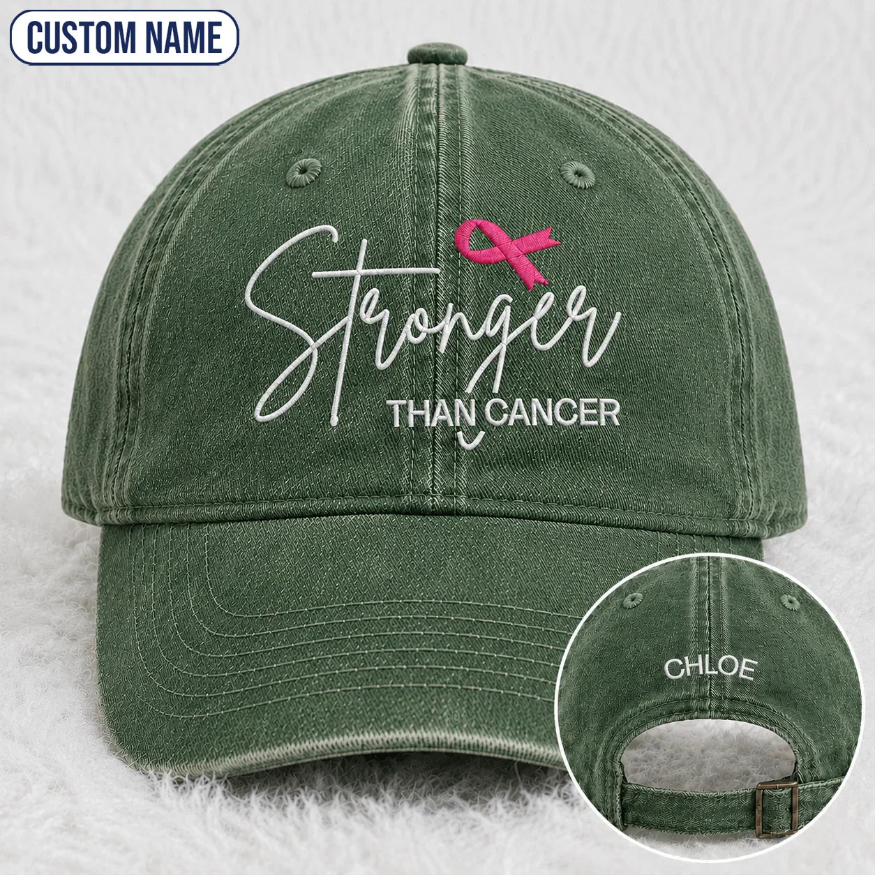 Personalized Stronger Pink Ribbon Embroidered Washed Cap, Awareness Gift