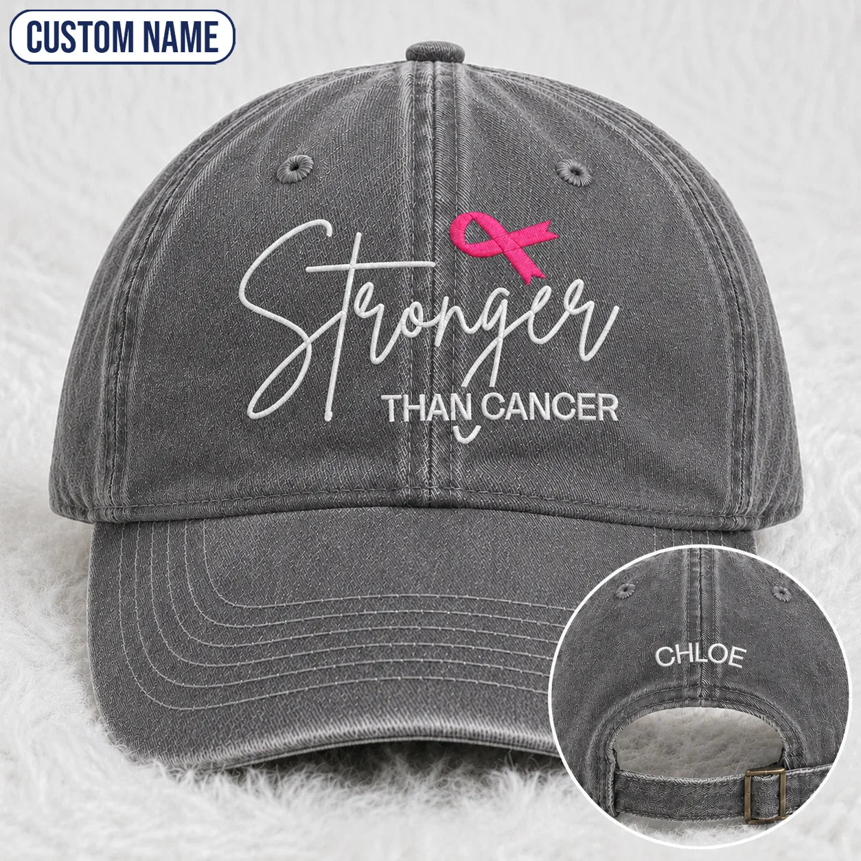 Personalized Stronger Pink Ribbon Embroidered Washed Cap, Awareness Gift