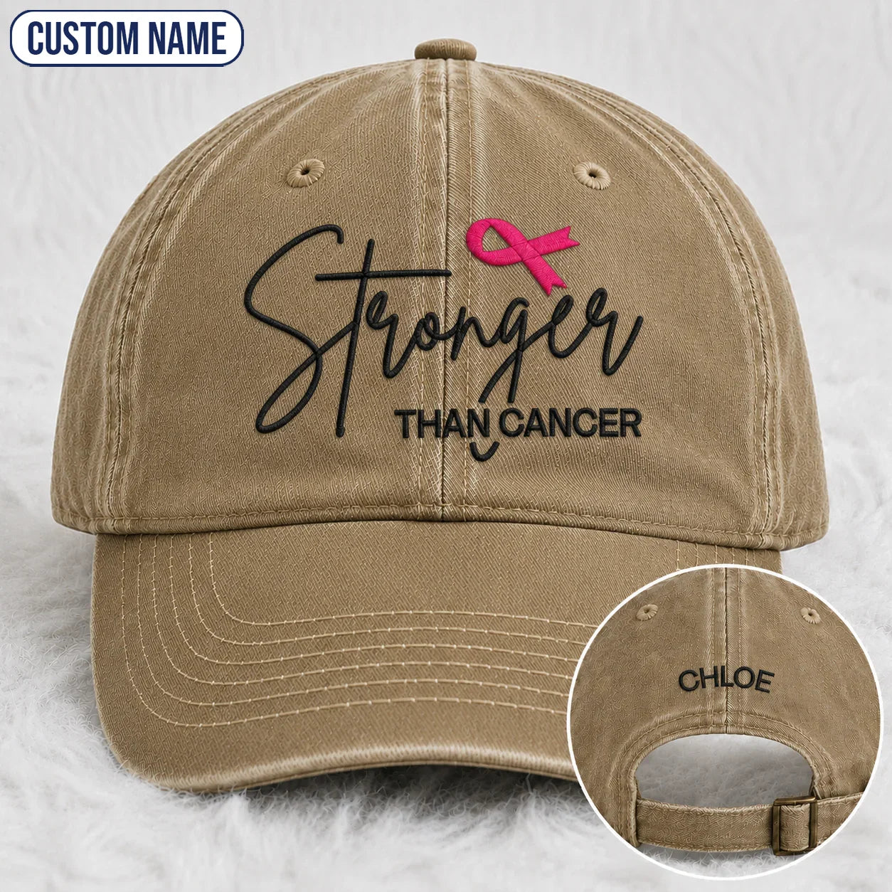 Personalized Stronger Pink Ribbon Embroidered Washed Cap, Awareness Gift