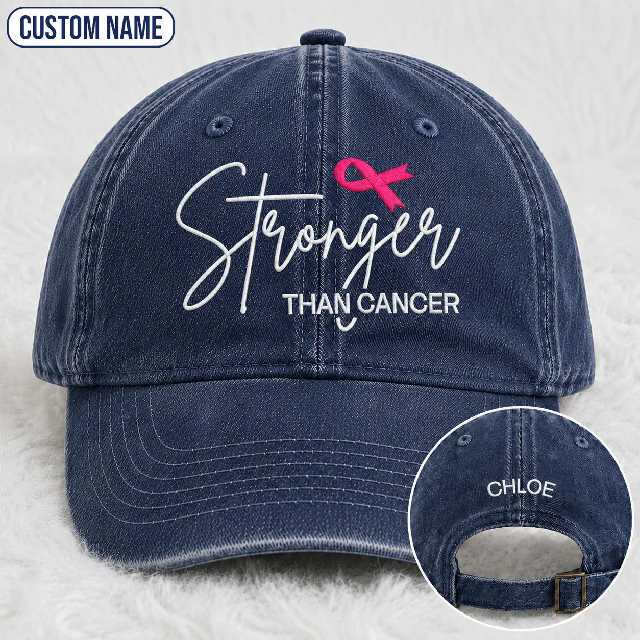 Personalized Stronger Pink Ribbon Embroidered Washed Cap, Awareness Gift