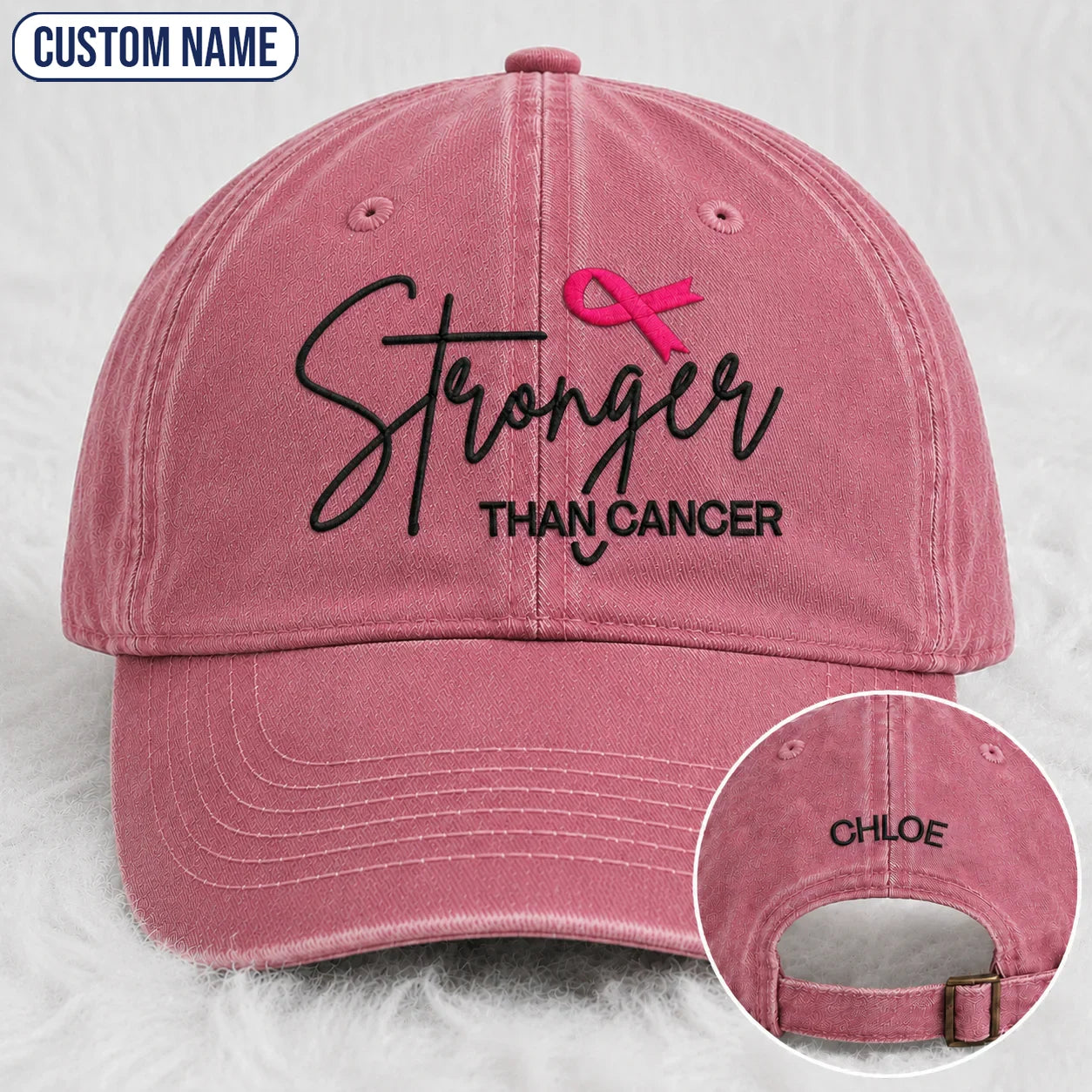 Personalized Stronger Pink Ribbon Embroidered Washed Cap, Awareness Gift