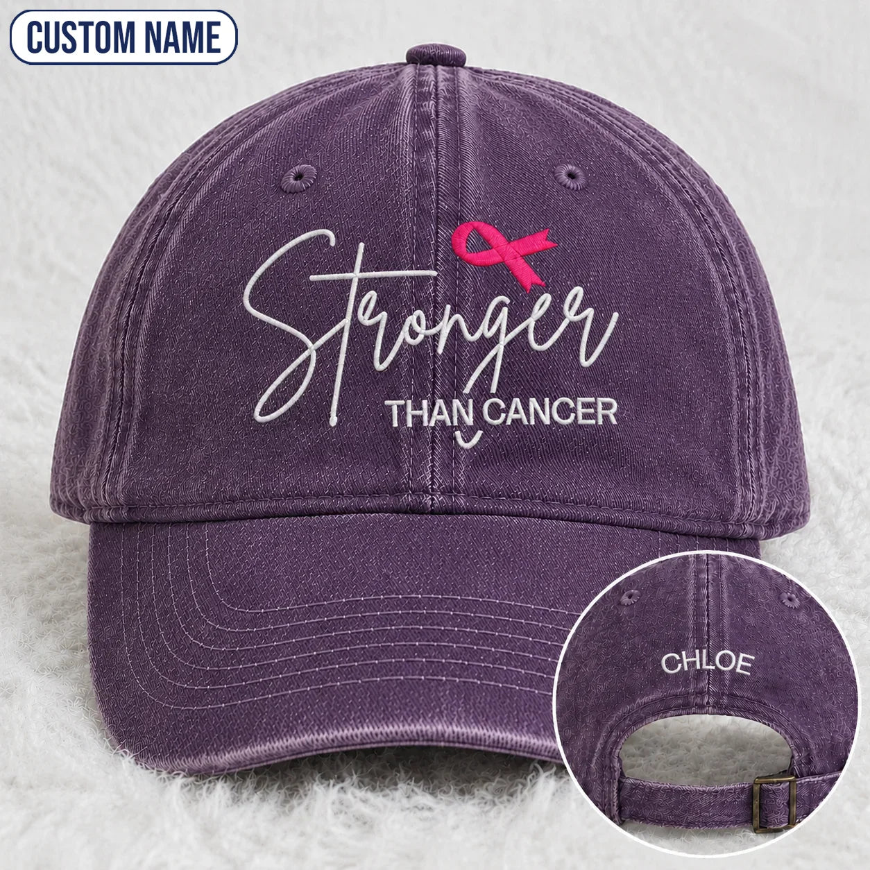Personalized Stronger Pink Ribbon Embroidered Washed Cap, Awareness Gift