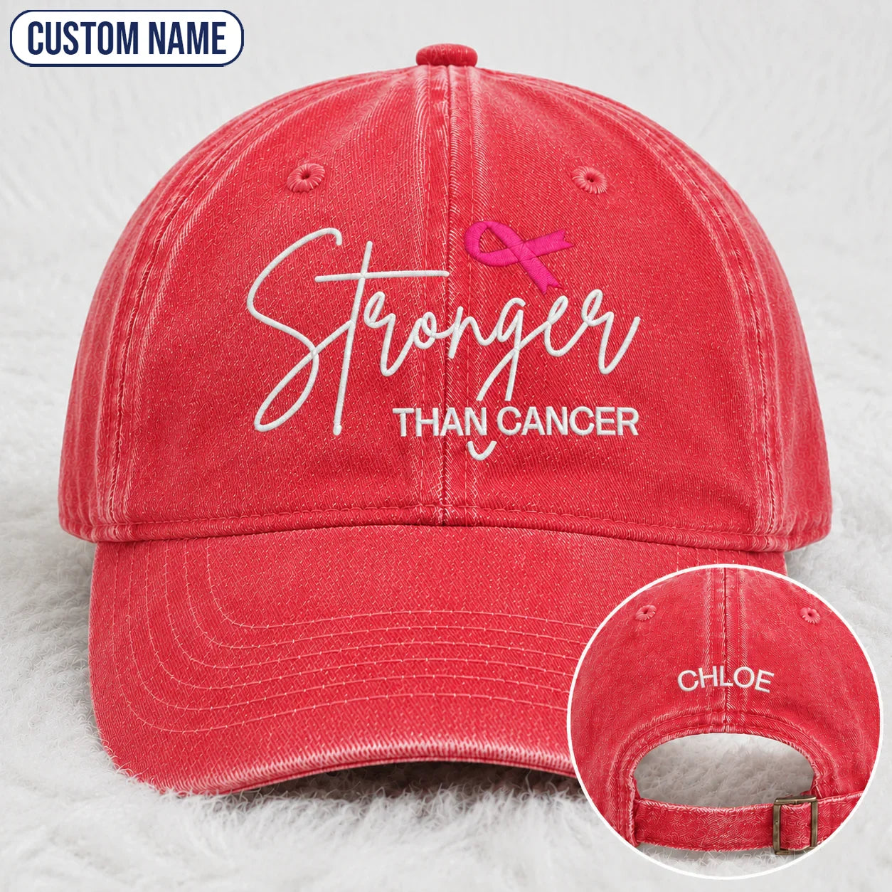 Personalized Stronger Pink Ribbon Embroidered Washed Cap, Awareness Gift