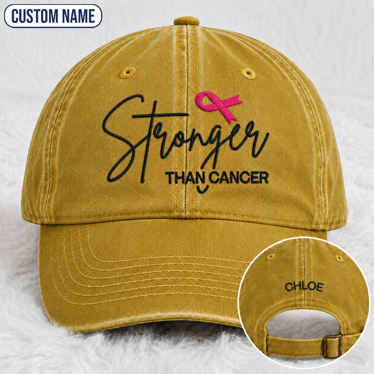 Personalized Stronger Pink Ribbon Embroidered Washed Cap, Awareness Gift