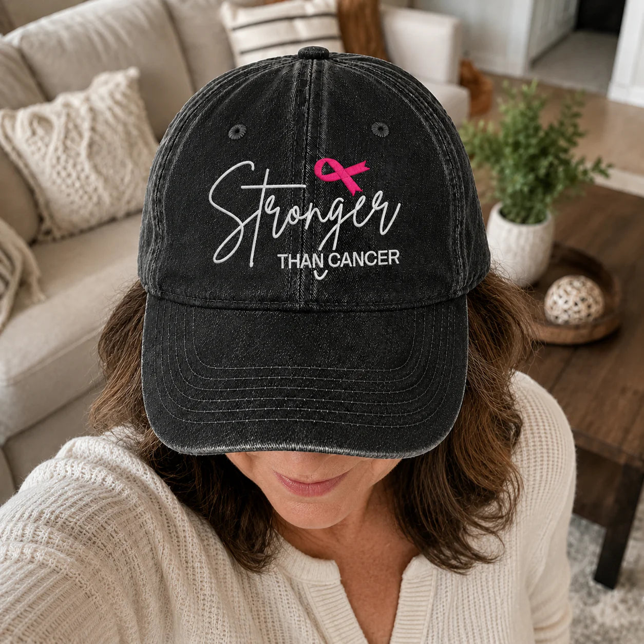 Personalized Stronger Pink Ribbon Embroidered Washed Cap, Awareness Gift