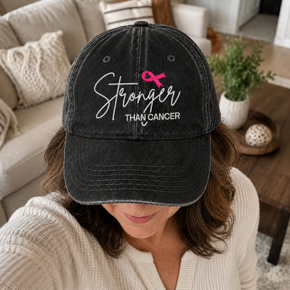 Personalized Stronger Pink Ribbon Embroidered Washed Cap, Awareness Gift