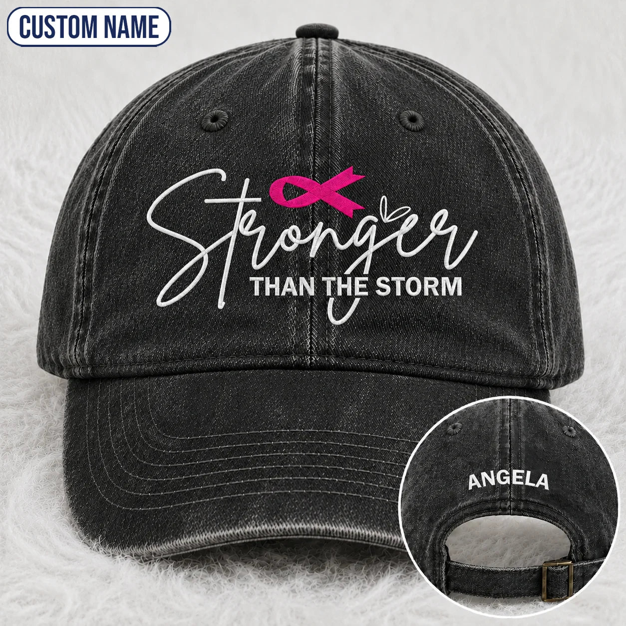 Personalized Stronger Than The Storm Pink Ribbon Embroidered Washed Cap, Awareness Gift