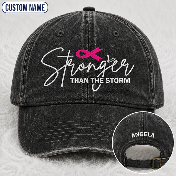 Personalized Stronger Than The Storm Pink Ribbon Embroidered Washed Cap, Awareness Gift